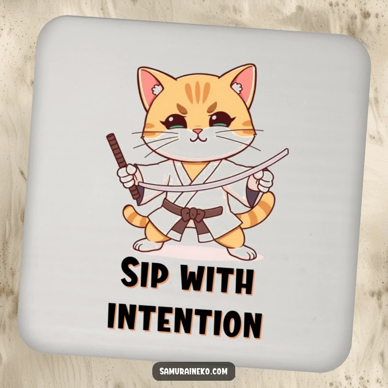 Funny cat practicing sword stances with intense focus and a slight smile, on a drink coaster.