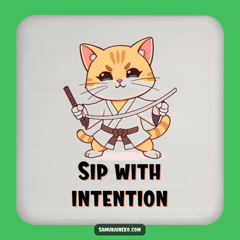 Funny Focused Cat Sword Drink Coaster - Hilarious Protection with Disciplined Flair