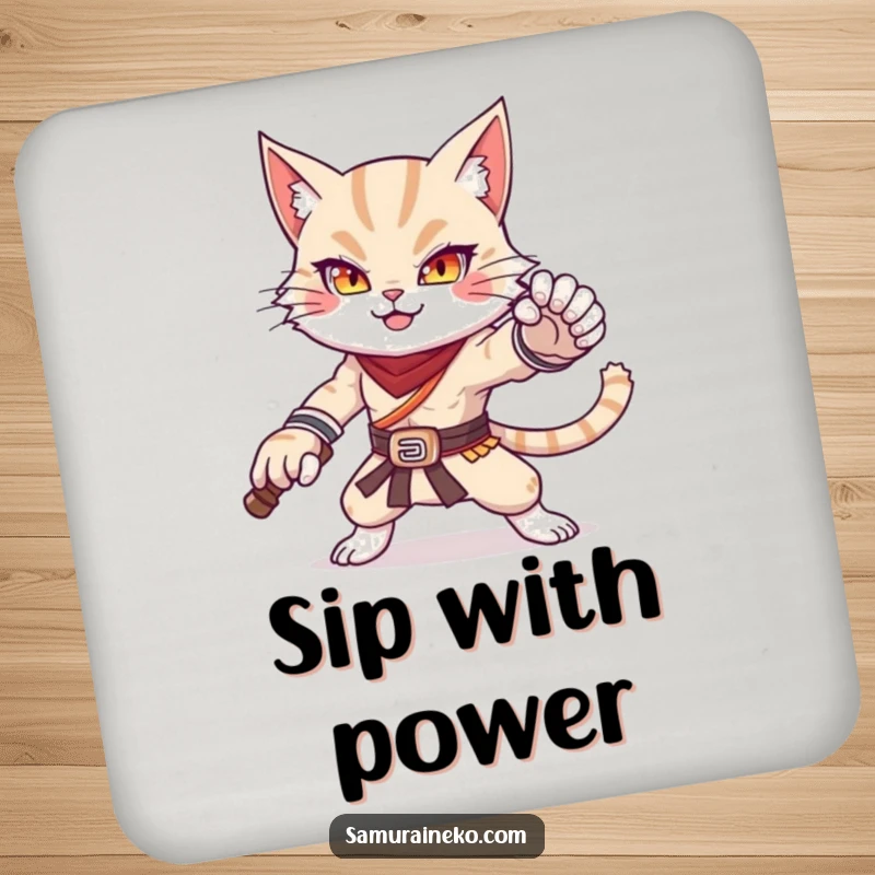 Funny drink coaster with a cat warrior striking a powerful and adorable pose, a humorous and protective accessory.