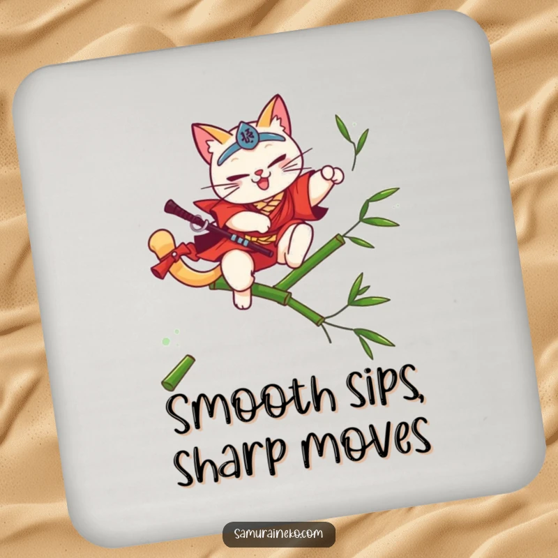 Funny cat samurai design on drink coasters, leaping with a flourish, a handy funny gift.