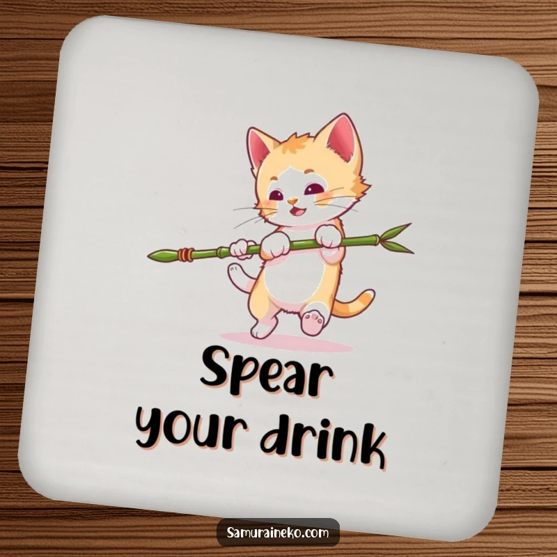 Funny Mischievous Kitten Coaster: Kitten doing a somersault with a bamboo spear, protecting surfaces with playful humor. A funny gift.