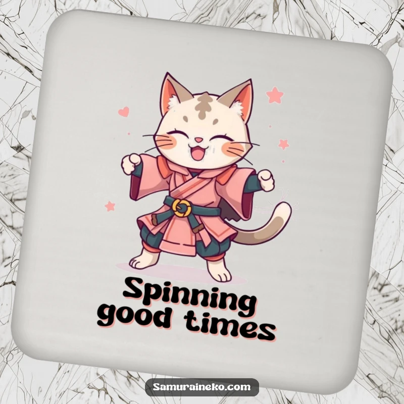 Funny drink coaster featuring a happy feline samurai in a celebratory spin. A small but fun funny gift.