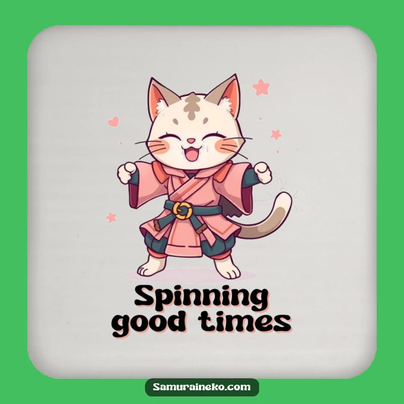 Funny Feline Samurai Spin Coaster - Protect Surfaces with Joyful Flair