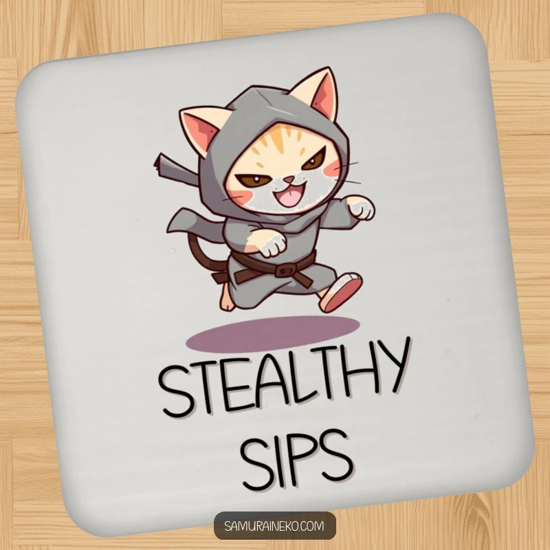Funny Cat Ninja Coaster featuring a cat ninja leaping from shadows with a mischievous grin, protecting surfaces with stealthy flair.
