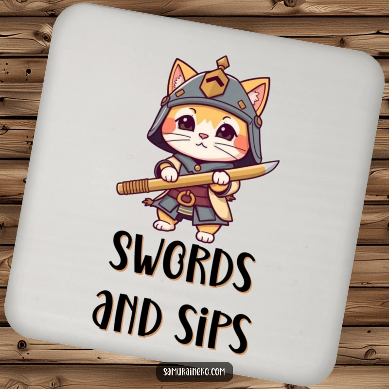 Funny cat character in a tiny helmet holding a bamboo sword, featured on coasters to add a touch of warrior flair.