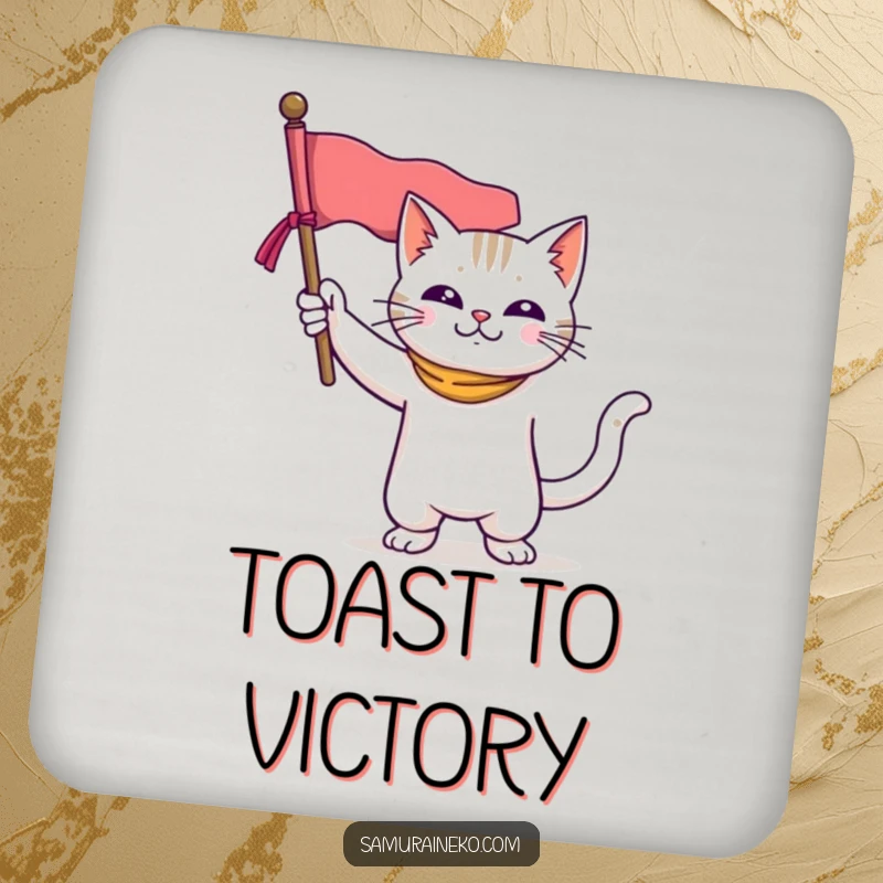 Funny drink coaster featuring a courageous cat striking a heroic pose, holding a miniature banner, adding funny protection to surfaces.