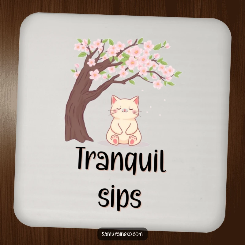 Funny cat coaster depicting a cat meditating peacefully under a delicate cherry blossom tree.
