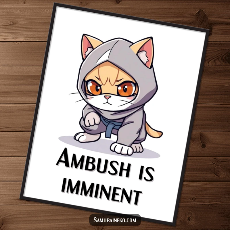 Funny cat ninja art, crouched low, ready to pounce, playful eyes, perfect funny gift.