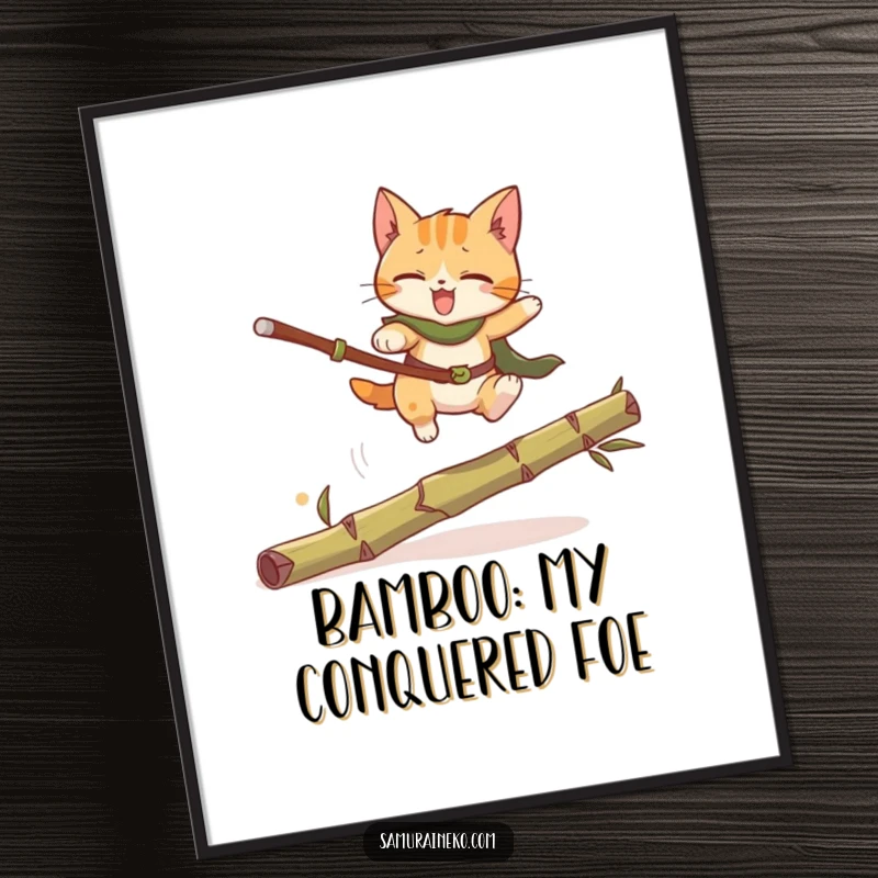 Funny Cat Warrior Poster: A visually striking artwork of a cat warrior executing an exciting leap over a bamboo stalk, full of humorous motion.