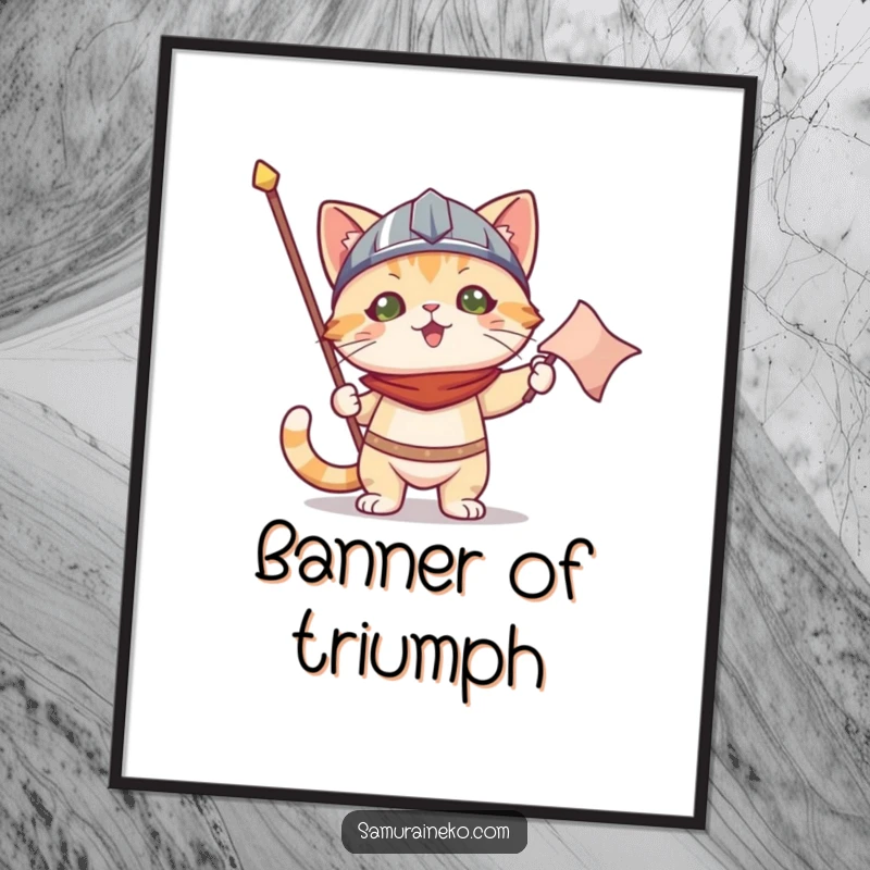 Funny poster art: a cat in a small helmet holding a victory banner, exuding comical triumph and celebration for wall decor.