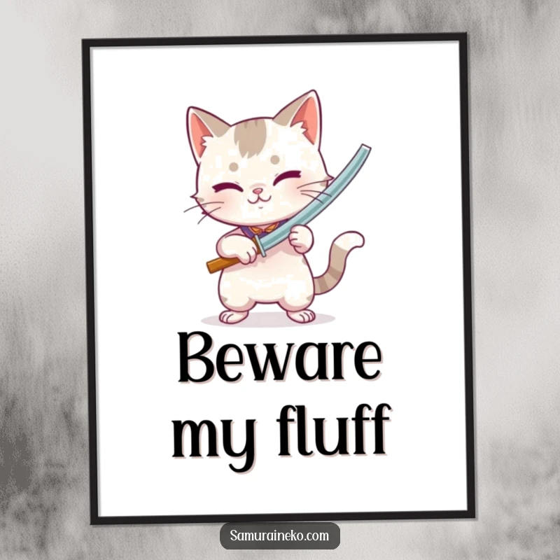 Funny poster art of a cat fiercely brandishing a miniature bamboo sword, capturing playful intensity and a dynamic pose.