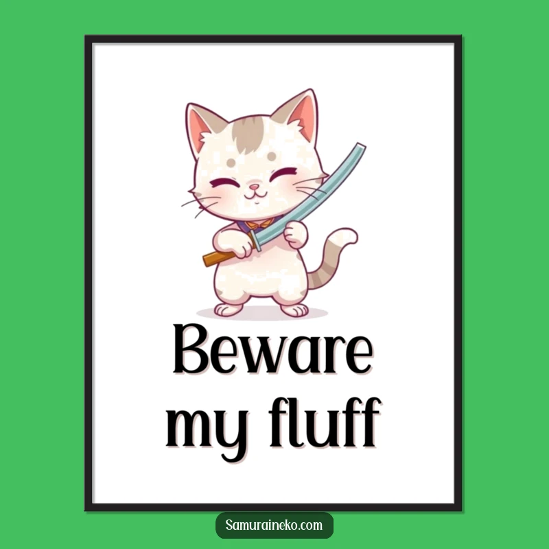 Funny Bamboo Sword Cat Poster: Playful Intense Feline Art, Action Decor Gift
