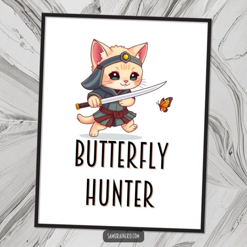 Funny poster showing a kitten samurai playfully chasing a butterfly with its sword, a humorous and charming piece of wall art.