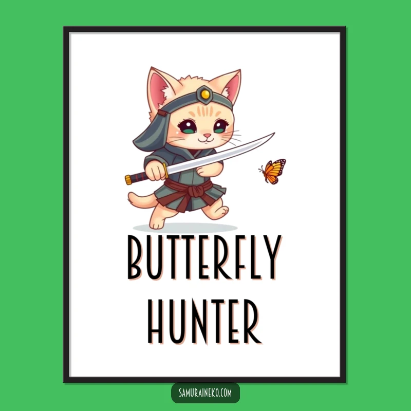 Funny Kitten Samurai Poster: Adorable Warrior's Butterfly Quest Art