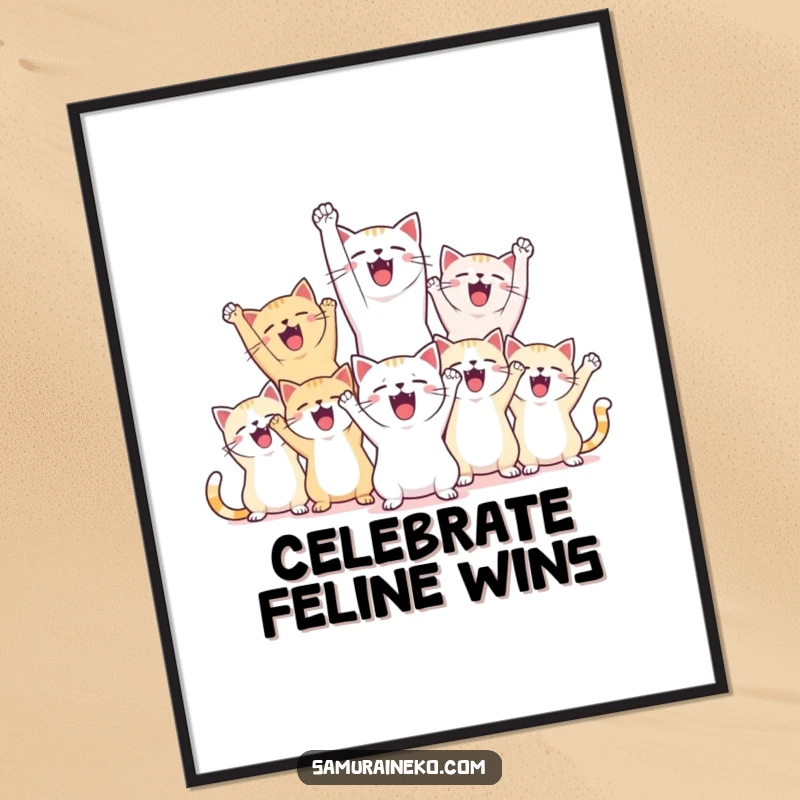 Funny poster art depicting several cats in ecstatic poses, shouting and raising paws in a joyous victory celebration.