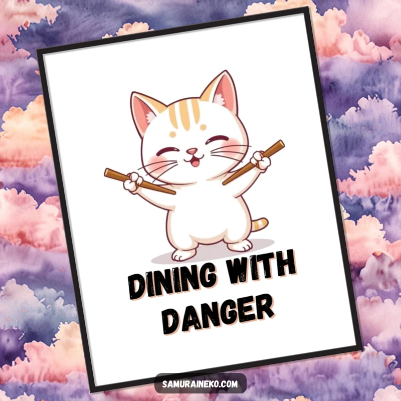 Funny Cat Poster: A cat grins while holding tiny chopsticks like swords, a humorous display.