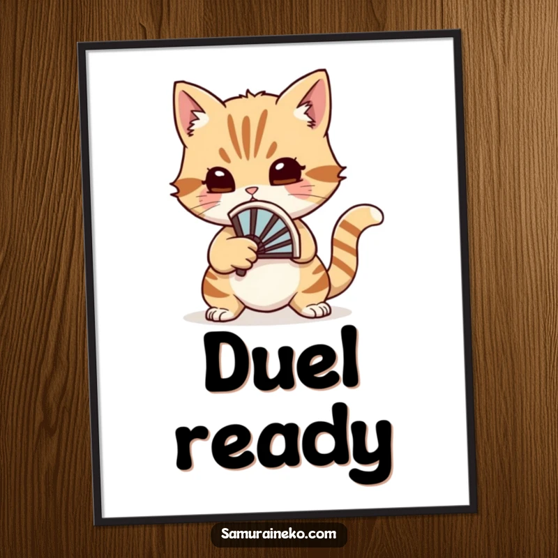 Funny cat duelist holding a small battle fan, poised for a whimsical duel, featured on a charming poster.
