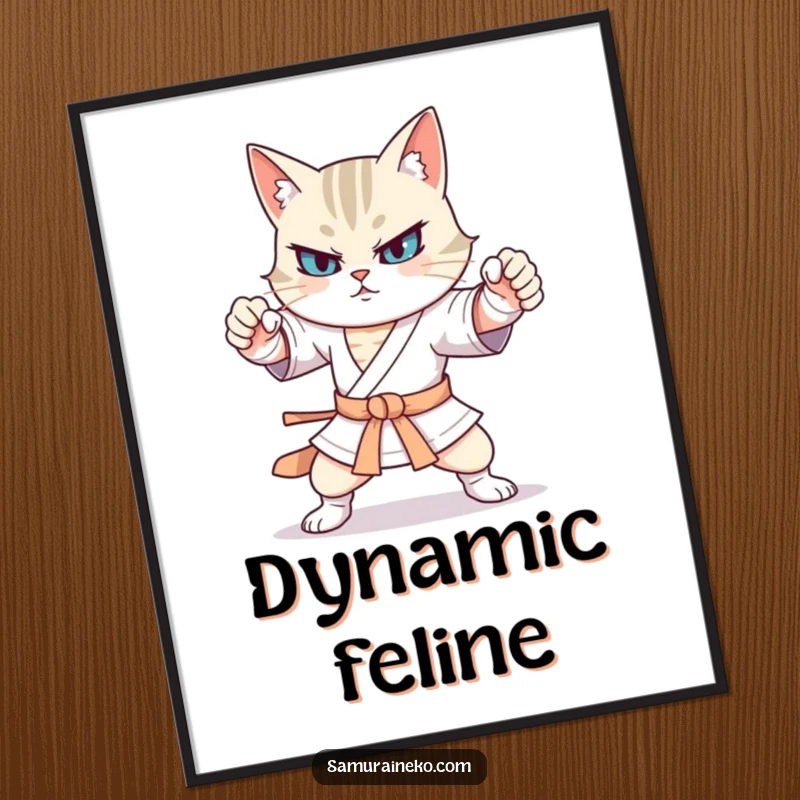 Funny cat warrior in exaggerated, awkward martial arts stances, captured in a humorous poster for wall art.