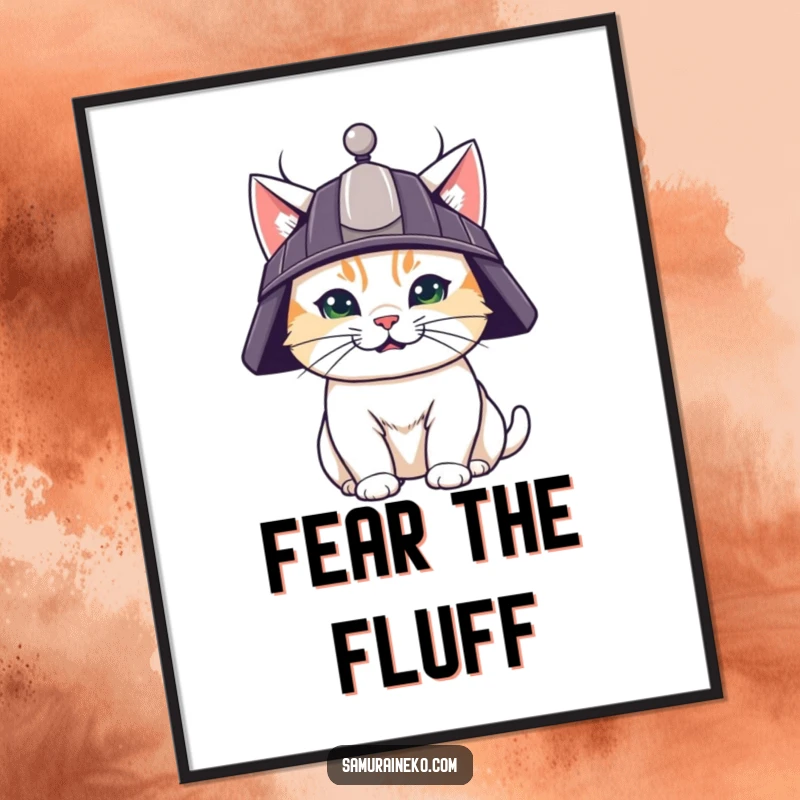 Funny poster of a cute cat wearing a samurai helmet with a determined grin, embodying playful bravery and warrior spirit.