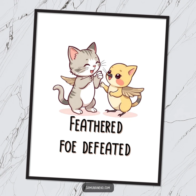 Funny poster art: a cat in mid-pounce towards a shy, fluttering sparrow, creating a dynamic and humorous animal scene.