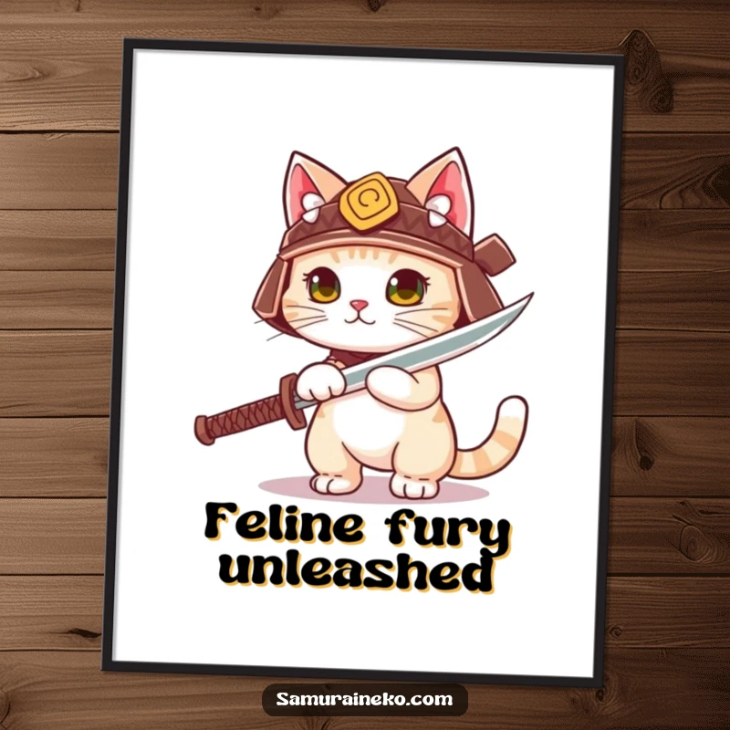 Funny cute cat with a tiny samurai helmet, unsheathing a playful sword, as humorous wall art.