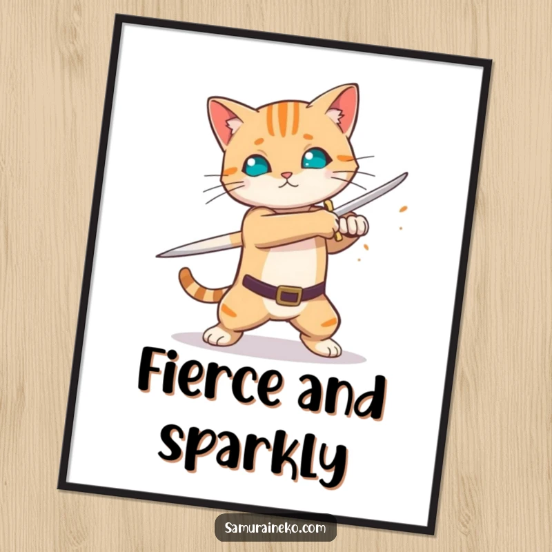 Funny cat practicing sword swing, sparks flying from blade, dynamic action art print, excellent funny gift.