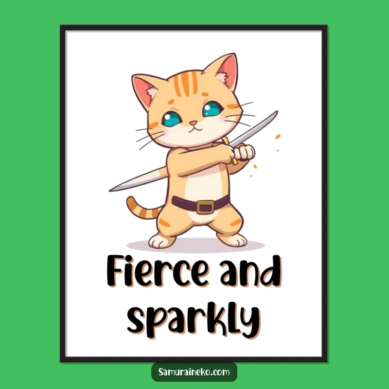 Funny Sword Swing Cat Poster - Fiery Blade Warrior Art - Dynamic Wall Decor Gift