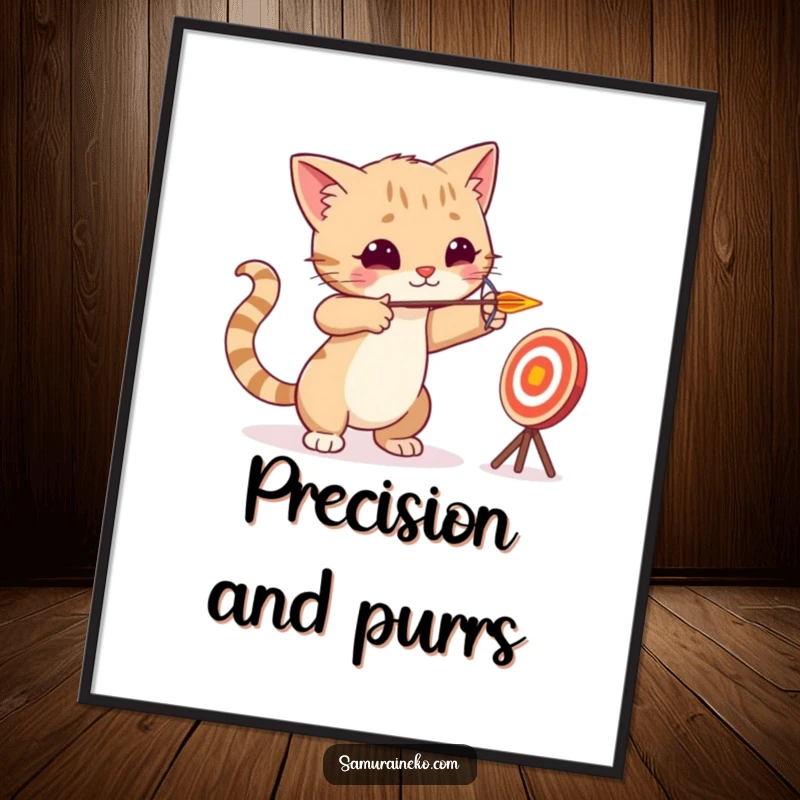 Funny cat archer aiming a tiny arrow at a playful target, captured in a focused pose for a wall art print.