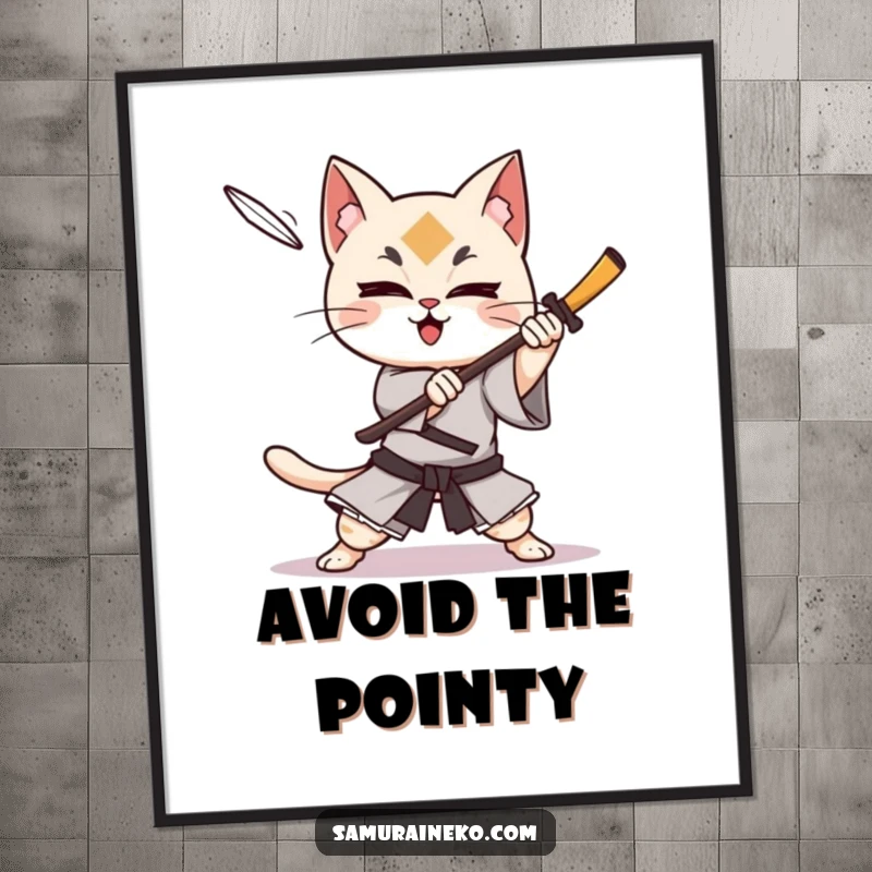 Funny cat samurai character mid-dodge from a shuriken, exuding joy and agility, a dynamic humorous artwork.