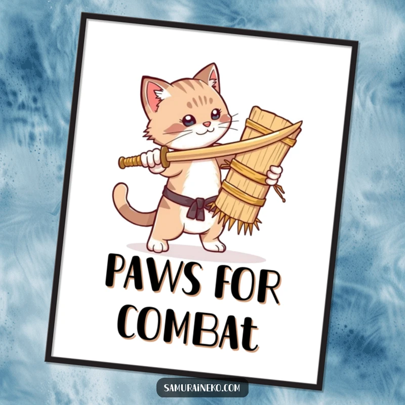 Funny poster of a cat humorously sparring with a straw dummy, showcasing a dynamic and comical martial arts scene for wall decor.