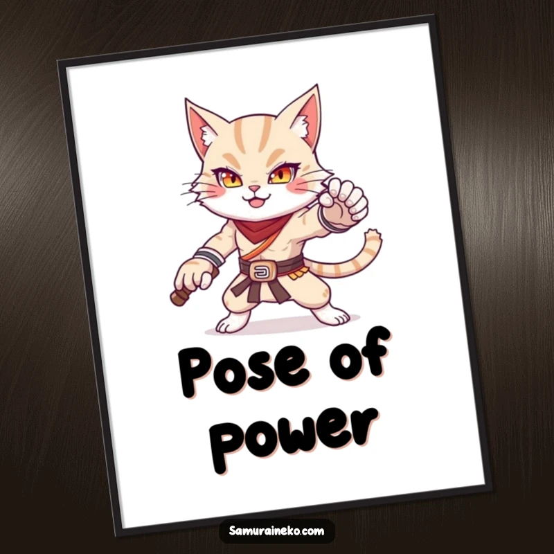 Funny poster showing a cat warrior striking a powerful and adorable pose, a humorous and majestic piece of wall art.