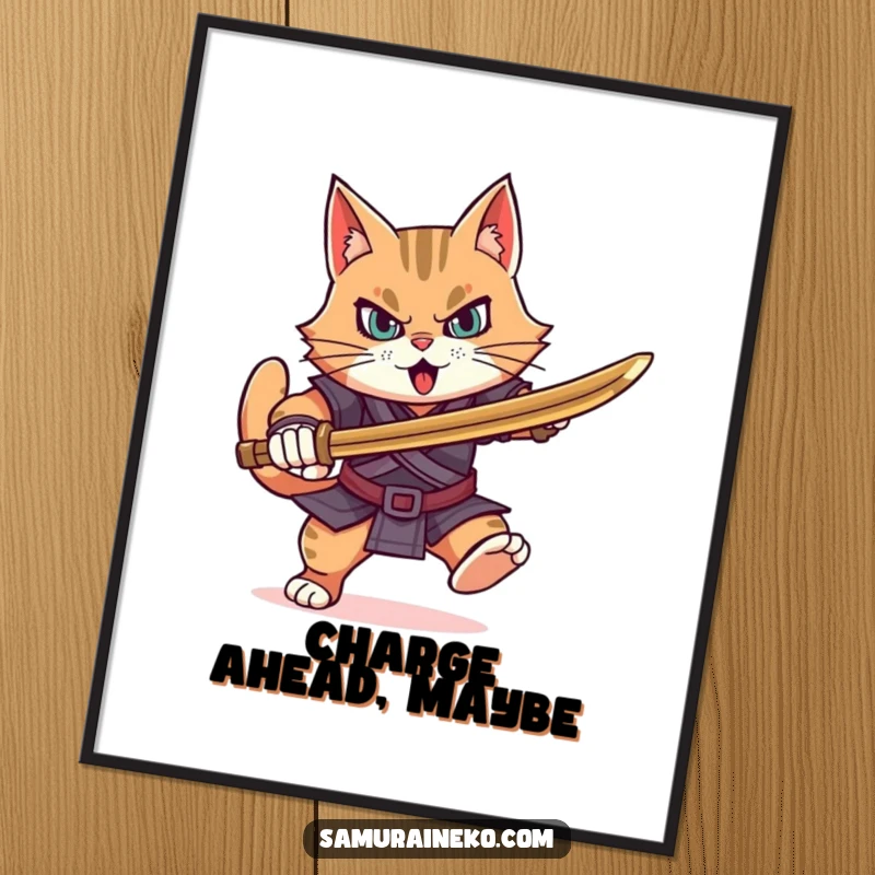 Funny determined cat warrior charging forward with a bamboo sword, a motivational and humorous wall art piece.