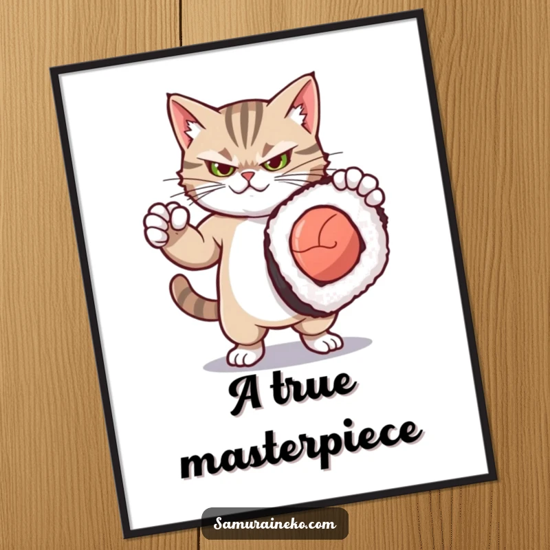 Funny poster of a fierce yet cute kitty striking a dramatic pose with a comically oversized sushi roll, adding humor to wall art.