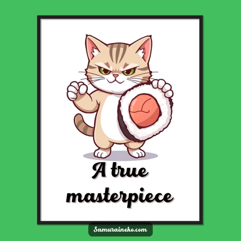 Funny Dramatic Kitty Sushi Poster: Fierce Feline Art for a Hilarious Home Decor
