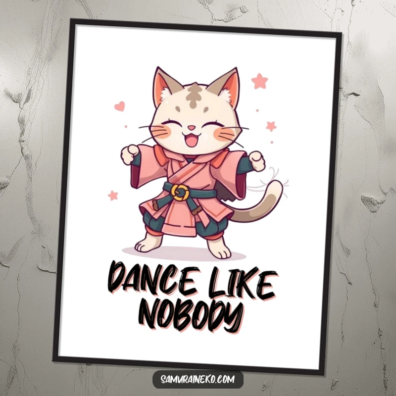 Funny poster featuring a feline samurai in a joyful, celebratory spin with a happy, energetic pose. A perfect funny gift.