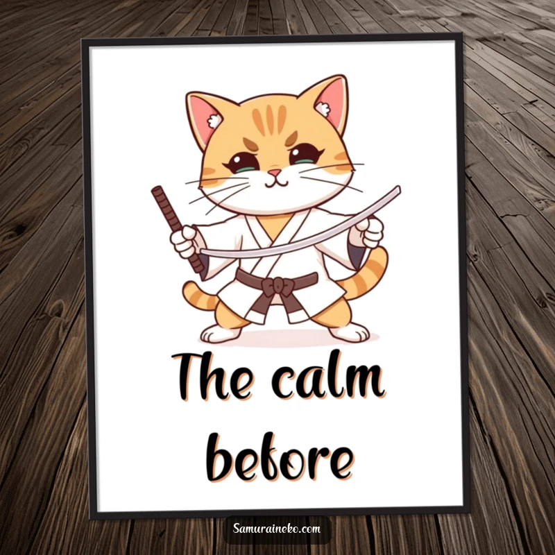 Funny cat practicing sword stances with intense focus and a slight smile, as humorous wall art.