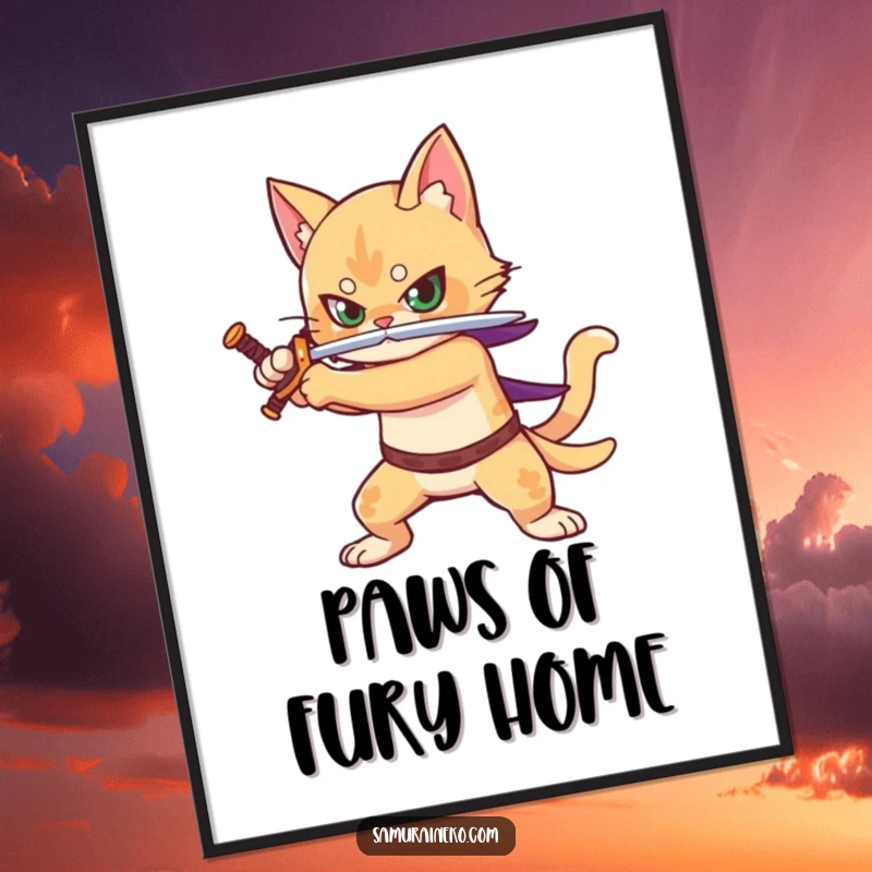 Funny poster art of a cat warrior in a dynamic stance, sword drawn, ready for a heroic battle.