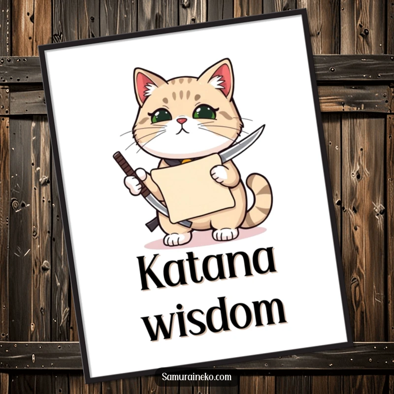 Funny cat holding a miniature katana with pride and a tiny scroll in its paw, a detailed poster.