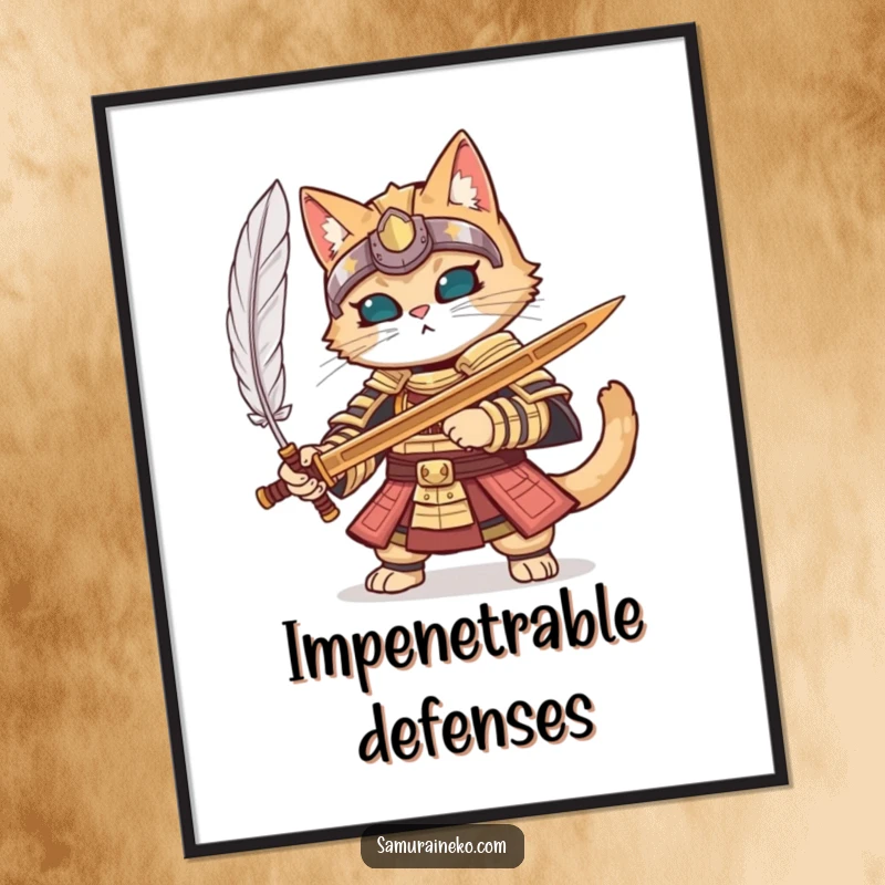Funny cat in full samurai armor parrying a feather with a wooden sword, as detailed wall art.