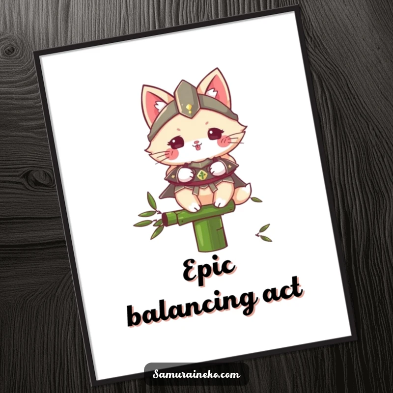 Funny Samurai Cat poster showing a fluffy cat in miniature armor, balancing with immense skill on a thin bamboo stalk, bringing humor to walls.