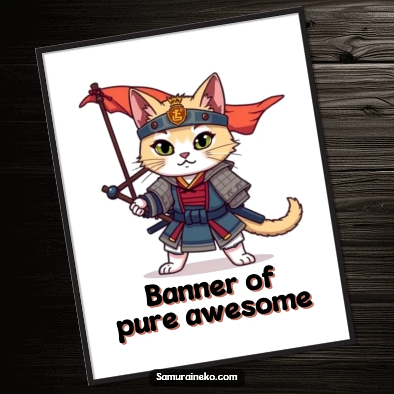 Funny Samurai Cat Poster depicting a majestic warrior cat in a dramatic pose with a banner dramatically unfurling behind it.