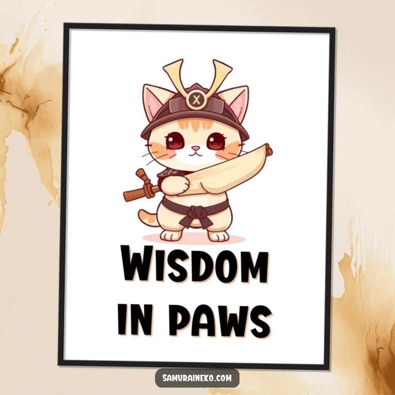 Funny cat in samurai helmet holding a scroll, warrior art print, excellent funny gift.
