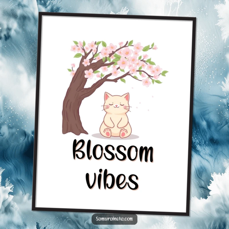 Funny poster of a cat meditating peacefully under a blossoming cherry blossom tree, a slight smile present.