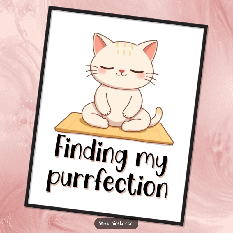 Funny Zen Cat Poster: A humorous artwork of a cat meditating peacefully on a tatami mat, symbolizing tranquility and gentle, feline humor.