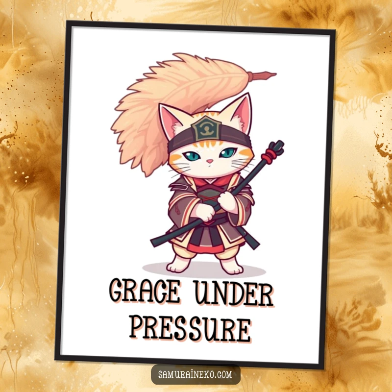 Funny cat samurai perfectly balancing a giant feather on its head, captured in a state of zen for a wall art print.