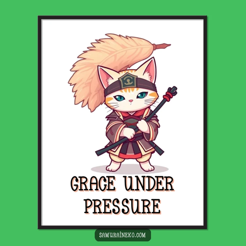 Funny Cat Samurai Art Print - Feather Balance Zen Decor