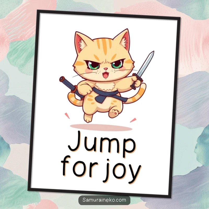 Funny determined cat leaping with a raised sword, dynamic action art print, excellent funny gift.
