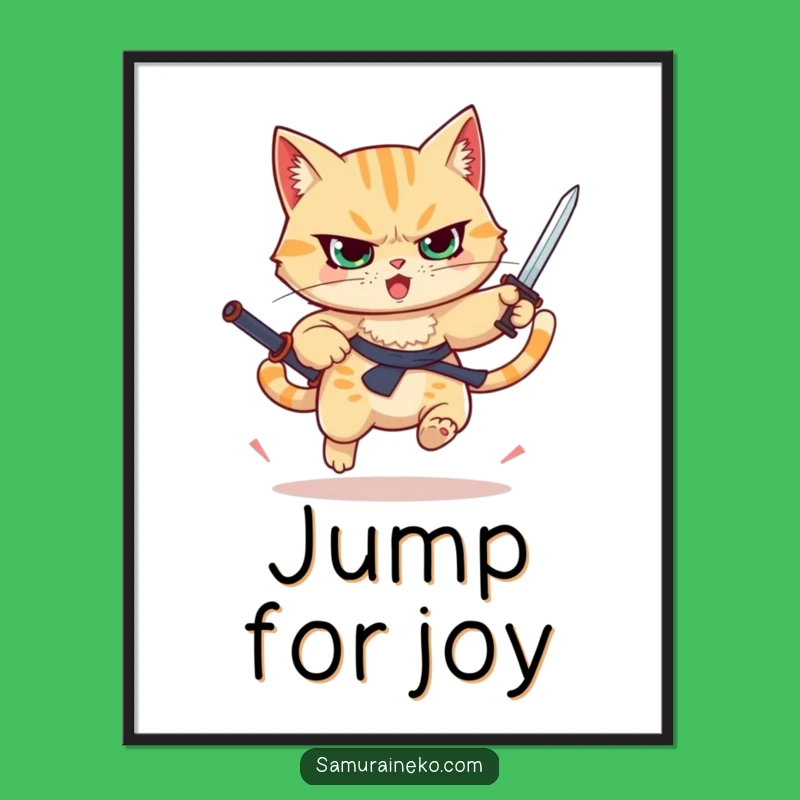 Funny Leaping Cat Poster - Tiny Sword Warrior Art - Dynamic Wall Decor Gift