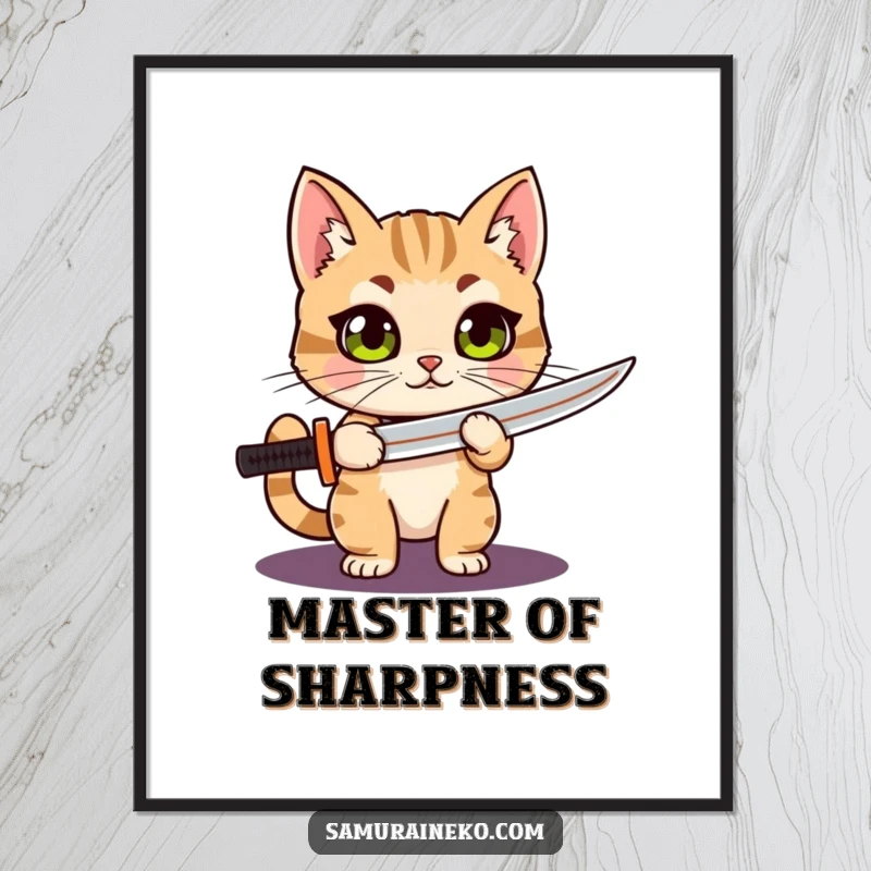 Funny Cat Katana poster depicting a curious, wide-eyed cat proudly wielding a miniature katana, adding a humorous and brave touch to any room.
