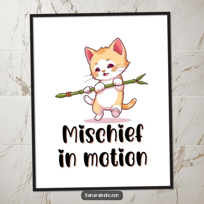 Funny Mischievous Kitten Poster: A kitten doing a somersault with a miniature bamboo spear, capturing dynamic action and mischief. A funny gift.